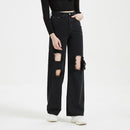 Black High Waist Ripped Straight Jeans