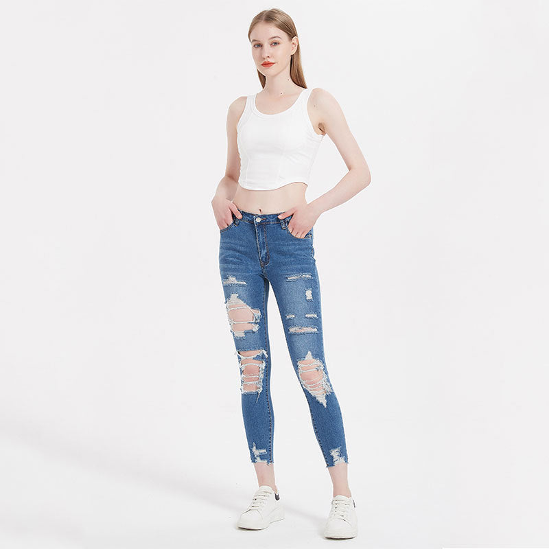 Elastic Ripped Denim Washed Skinny Hip Raise Jeans