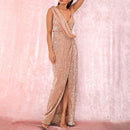Sleeveless Gold Asymmetric Sequined Slit Party Dress