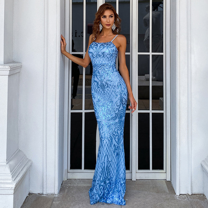 Spaghetti Strap Blue Sleeveless Prom Maxi Dress