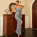 Sleeveless Long Sequined Off-Neck Backless Evening Dress