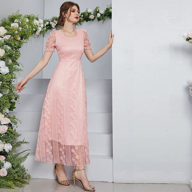 Slimming Mesh U Collar Solid Color Maxi Dress