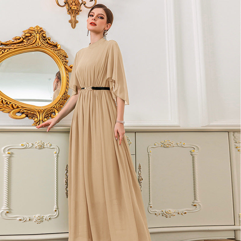 High Neck Bell Sleeve Solid Color Maxi Dress