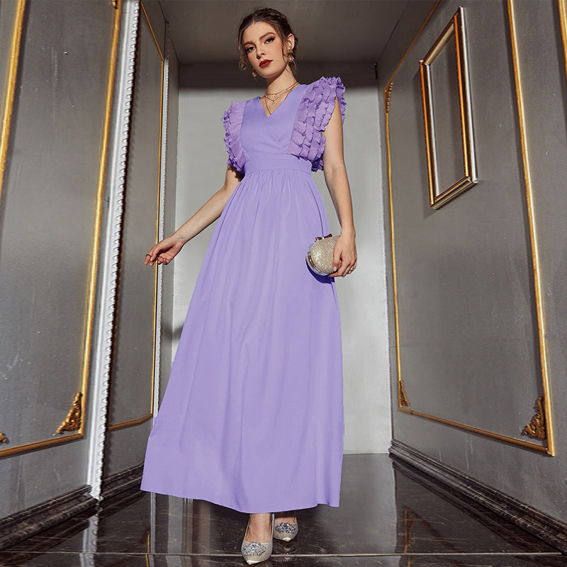 Solid Color V Neck Sleeveless High Waist Maxi Dress