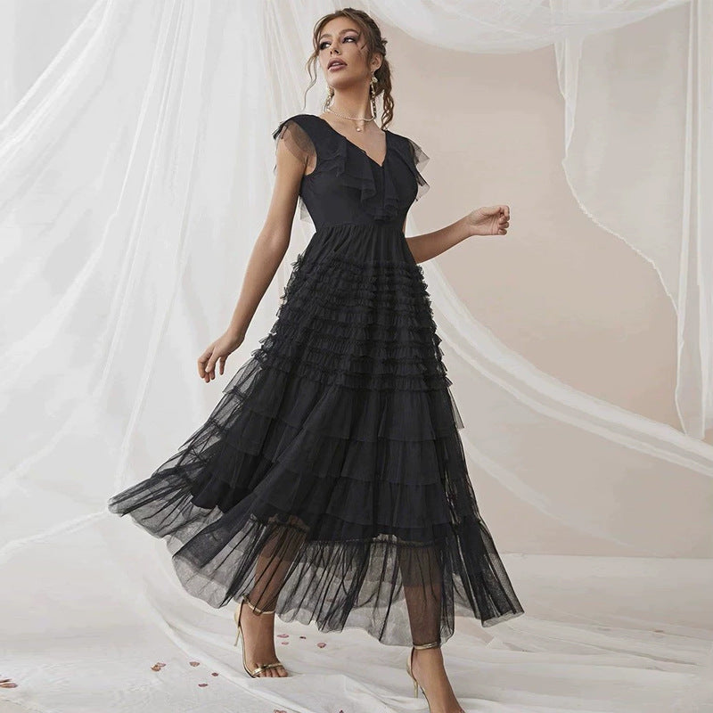 Party V Neck Mesh Formal Maxi Dress