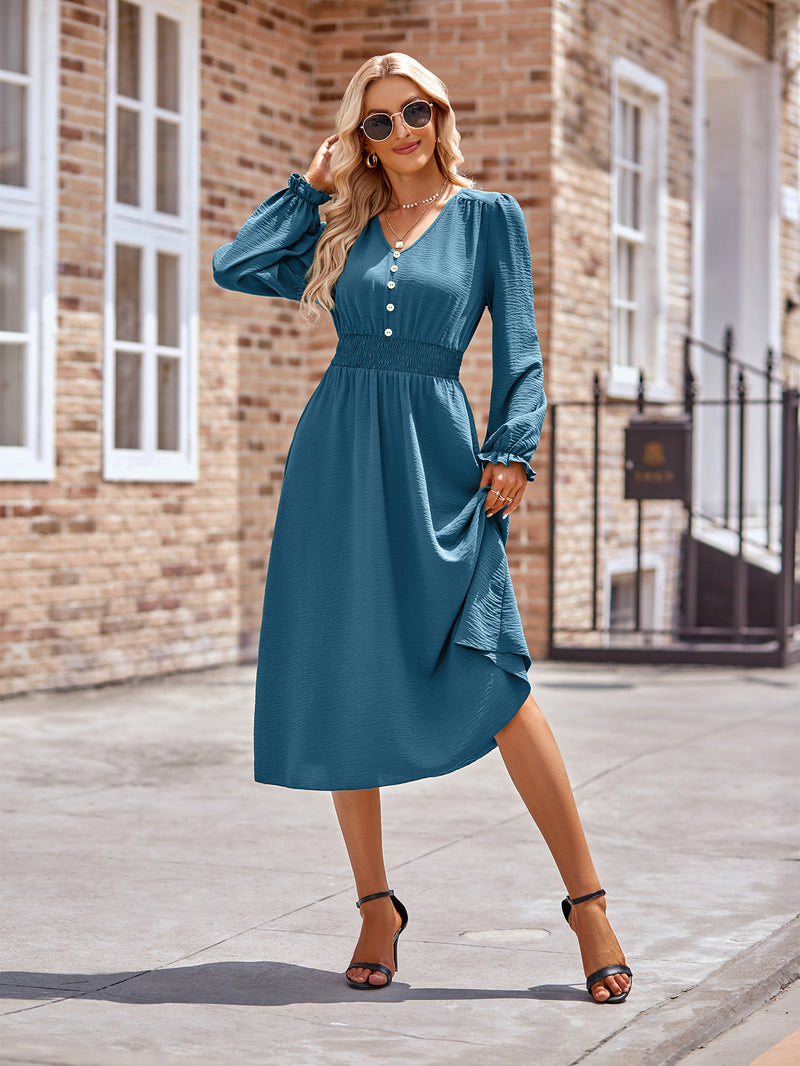 Buttoned Smocked V-Neck Midi A-Line Dress