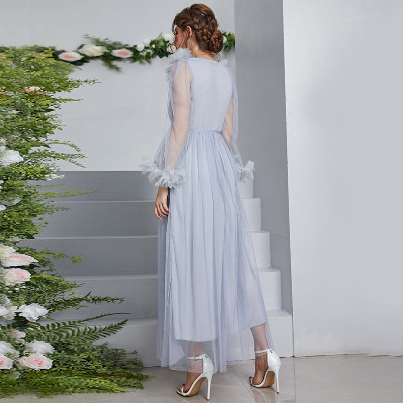 V Neck Long Sleeve High Waist Lace Maxi Dress