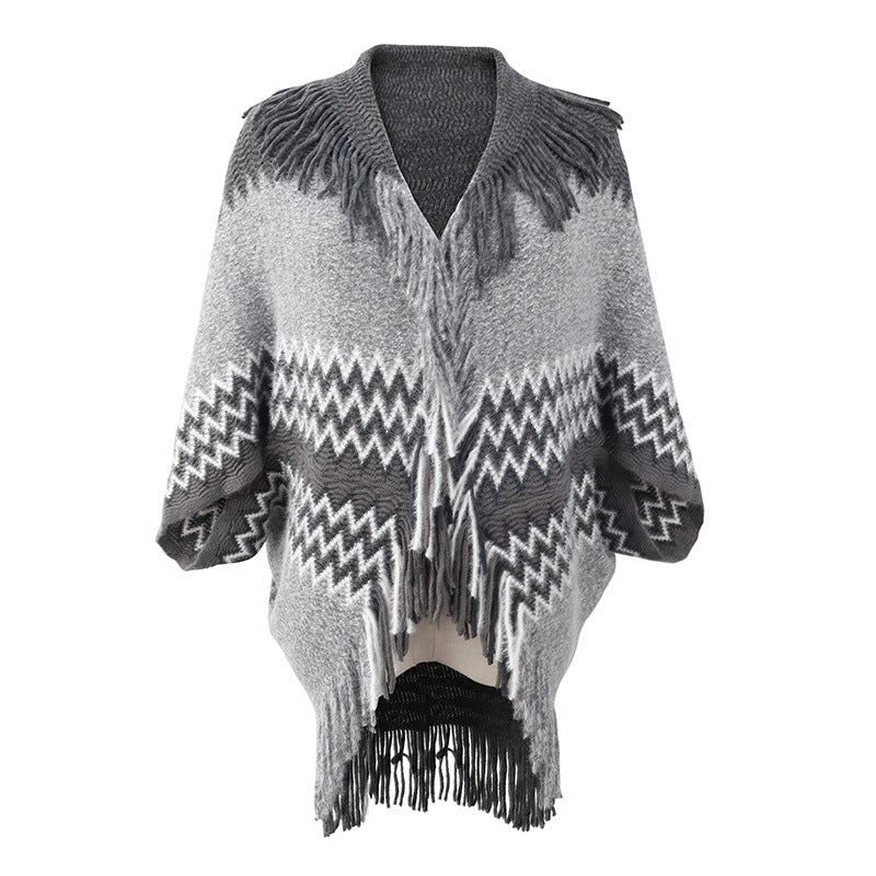 Knitted Cape and Shawl Tassel Sweater