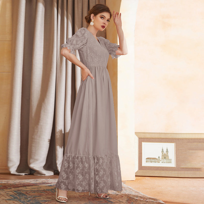 Lantern Sleeve V Neck High Waist Maxi Dress