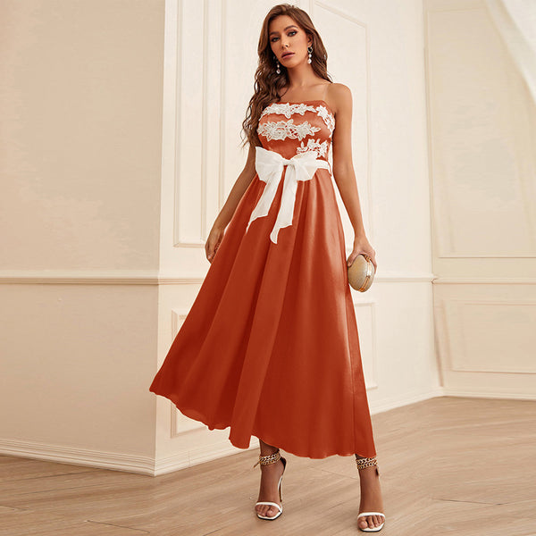 Ribbon Slim Fit Belted Maxi Dress