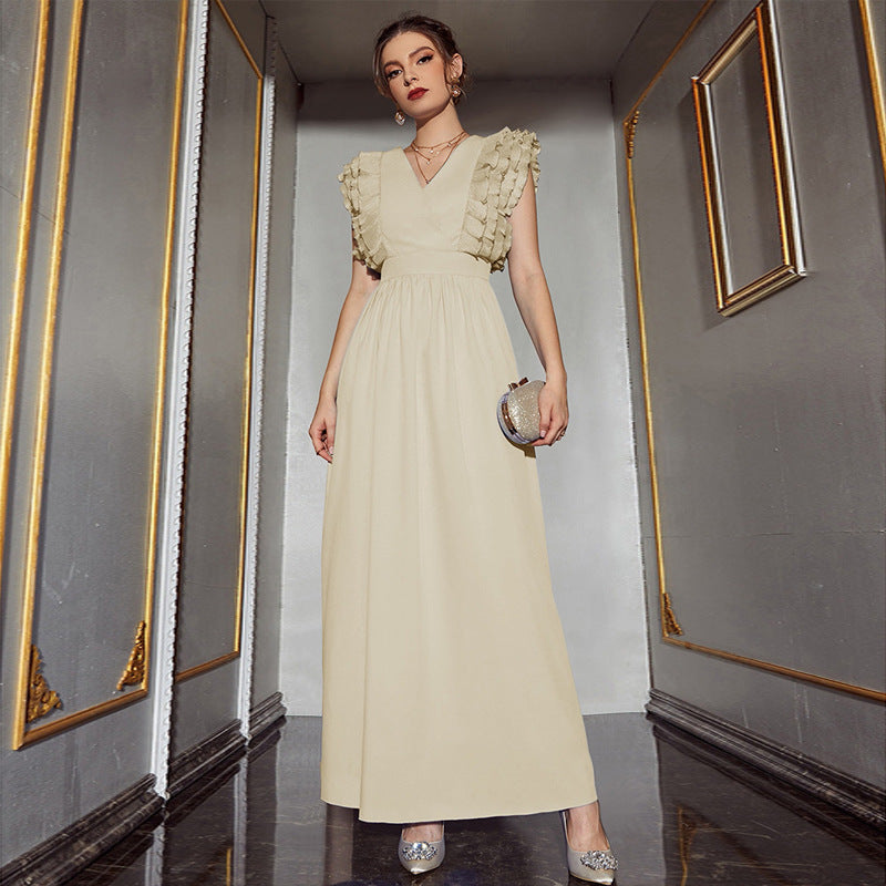 Solid Color V Neck Sleeveless High Waist Maxi Dress