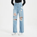 High Waist Wide Leg Denim Jeans With Hole
