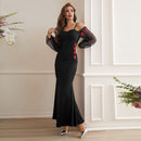 Sheath Off Shoulder Long Sleeve Embroidered Maxi Dress