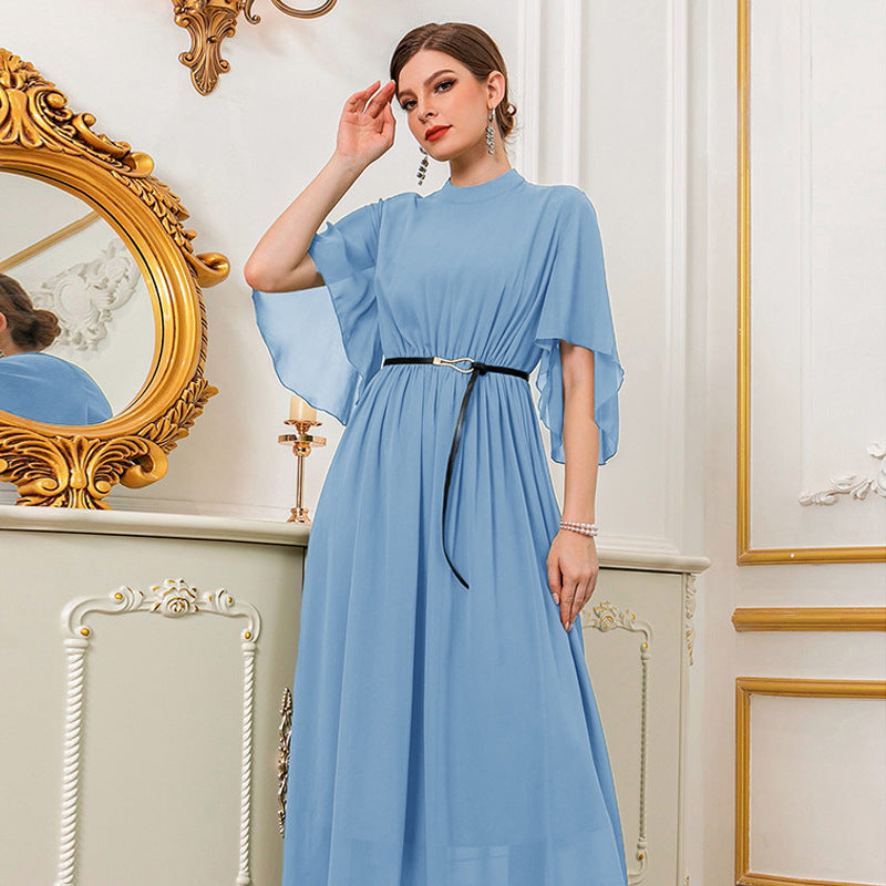 High Neck Bell Sleeve Solid Color Maxi Dress