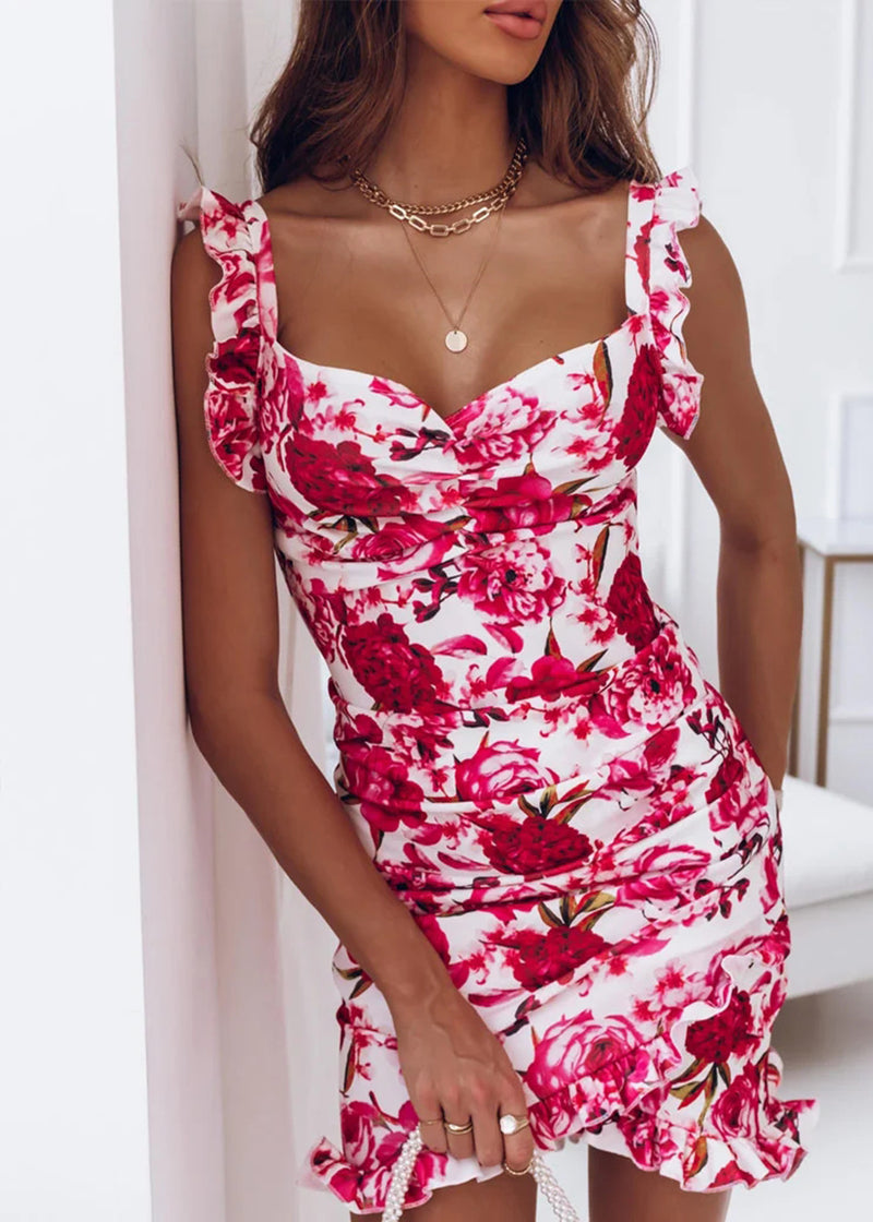 Ruffled Sleeveless V-neck Hip Floral Dress