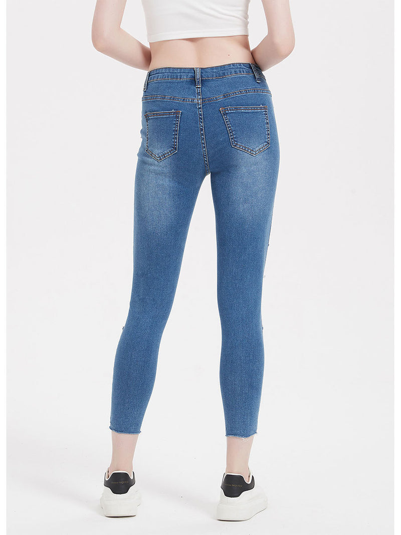 Elastic Ripped Denim Washed Skinny Hip Raise Jeans