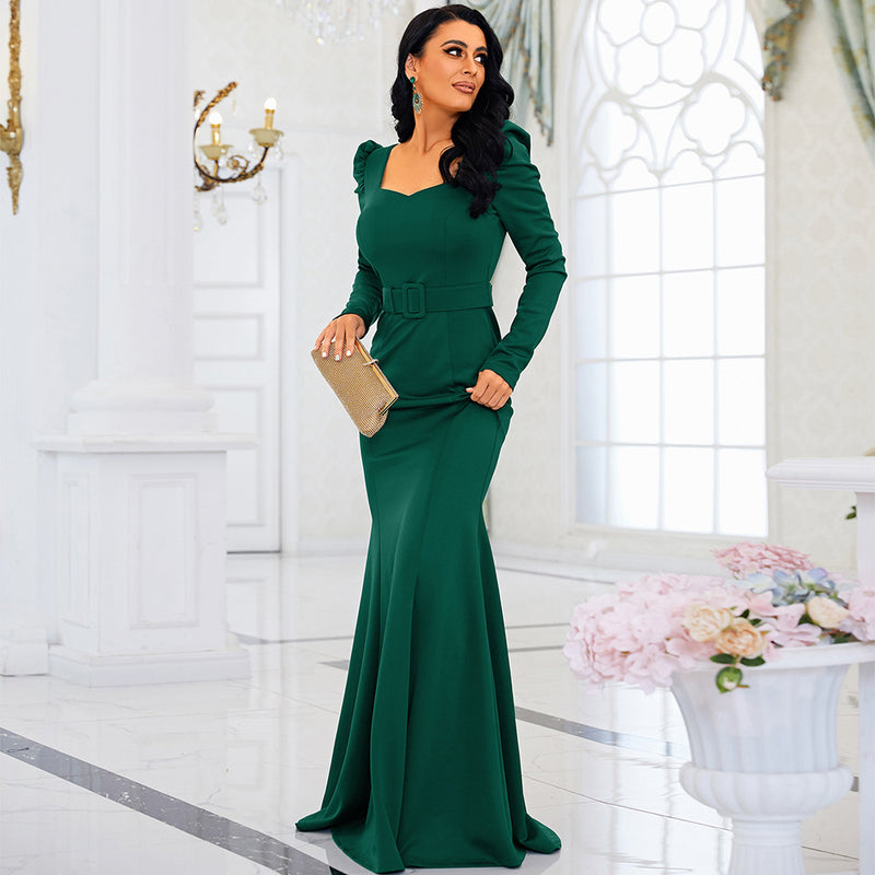 U Neck Long Sleeved Elegant Slim Fit Long Solid Color Cocktail Evening Dress