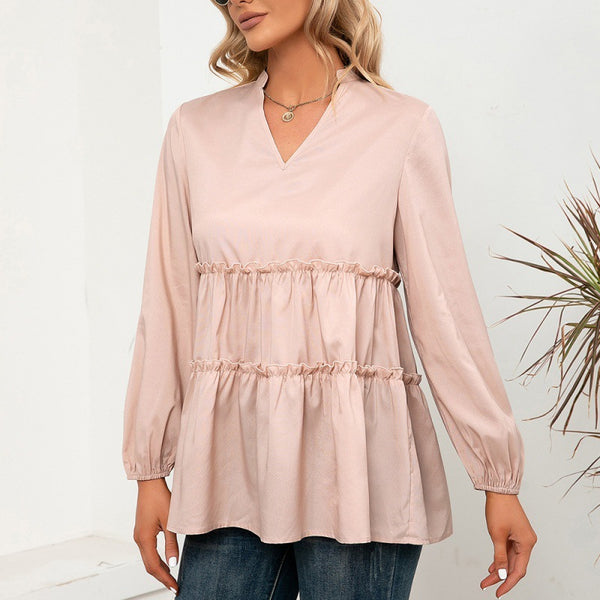 Dinazah Women Stringy Selvedge V-Neck Mid-Length Shirt Slim-Fit Women Top