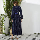 Round Neck High Waist Ribbon Long Sleeve Maxi Dress