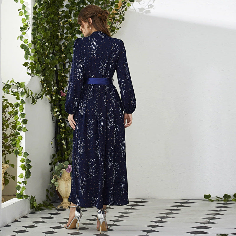 Round Neck High Waist Ribbon Long Sleeve Maxi Dress
