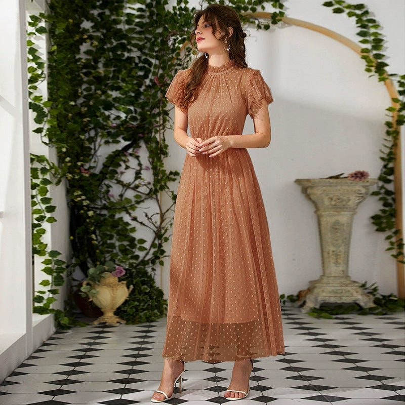 Casual Short Sleeve Stitching Mesh Maxi Dress