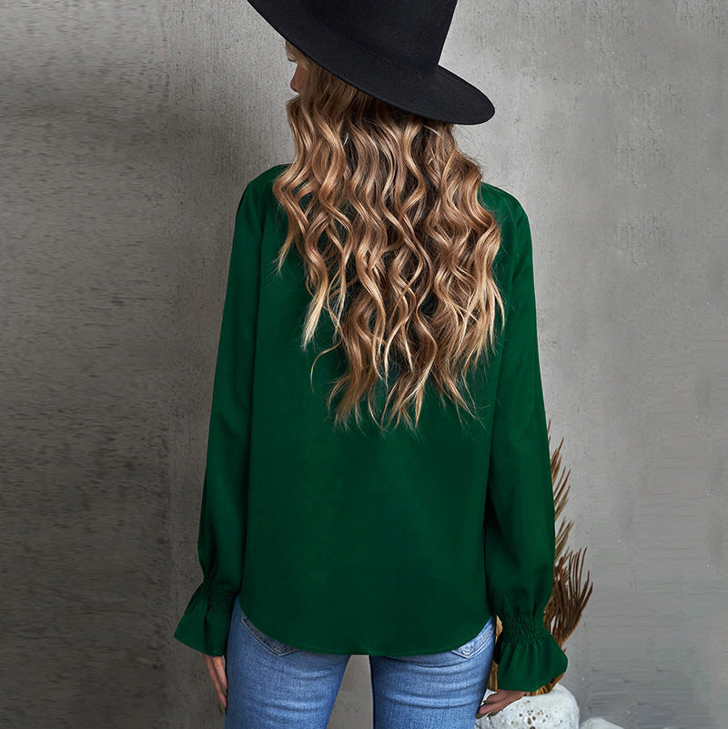 Solid Color Long Sleeved Round Neck Pullover Top