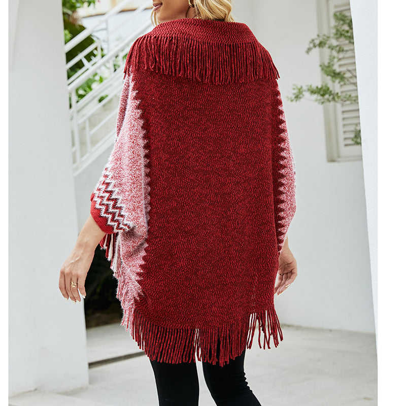 Knitted Cape and Shawl Tassel Sweater