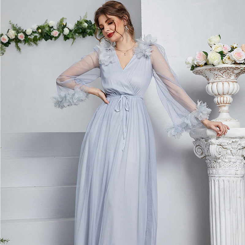 V Neck Long Sleeve High Waist Lace Maxi Dress