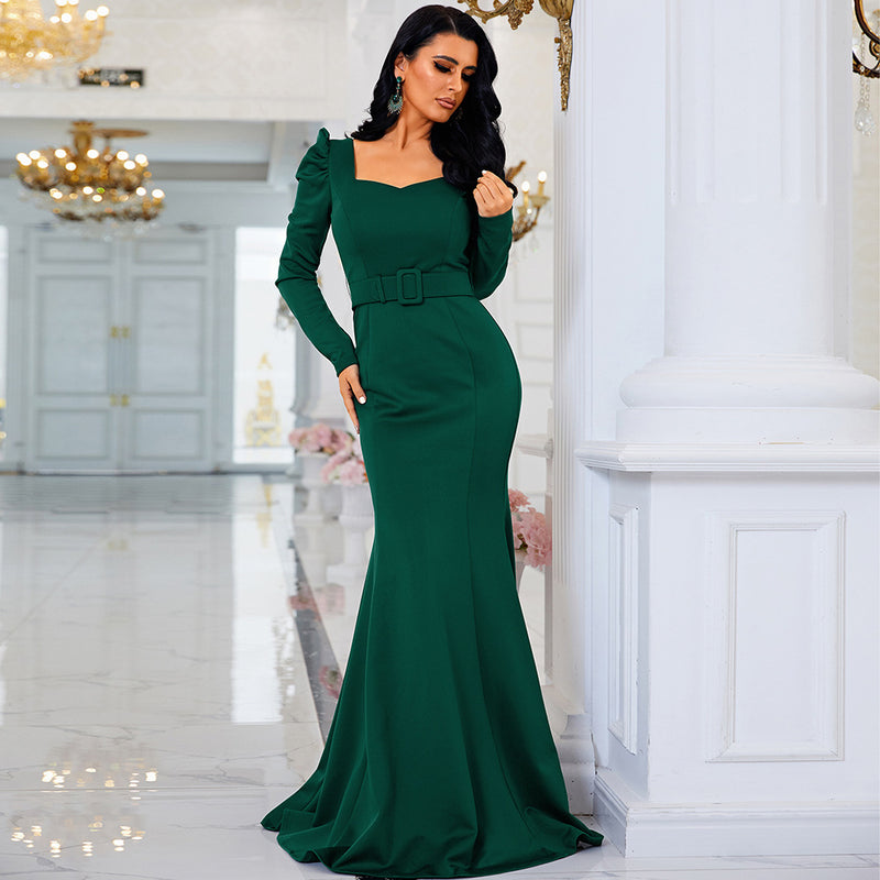 U Neck Long Sleeved Elegant Slim Fit Long Solid Color Cocktail Evening Dress