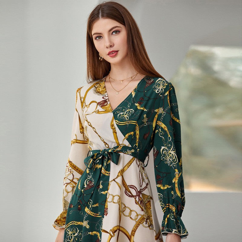 V Neck Long Sleeve Printed Maxi Dress
