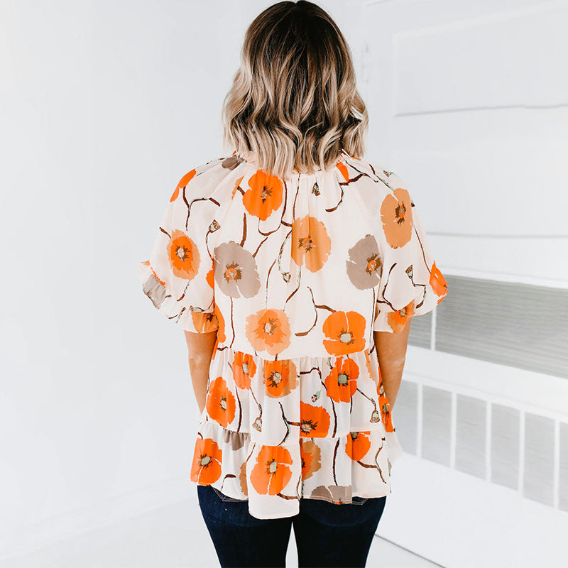 Plant Floral Printed Short Sleeved Chiffon Shirt