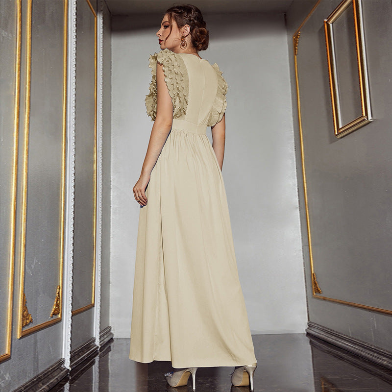 Solid Color V Neck Sleeveless High Waist Maxi Dress