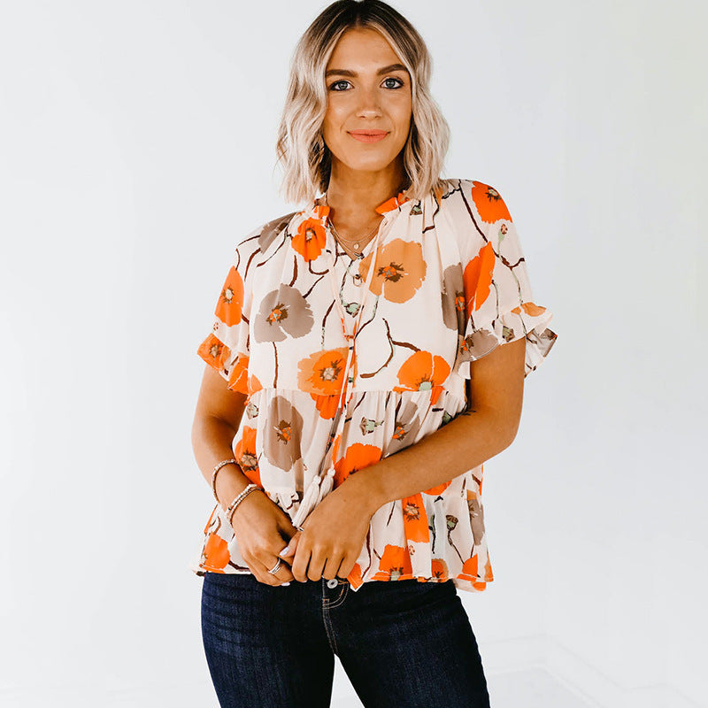 Plant Floral Printed Short Sleeved Chiffon Shirt