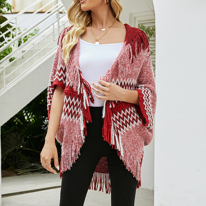 Knitted Cape and Shawl Tassel Sweater