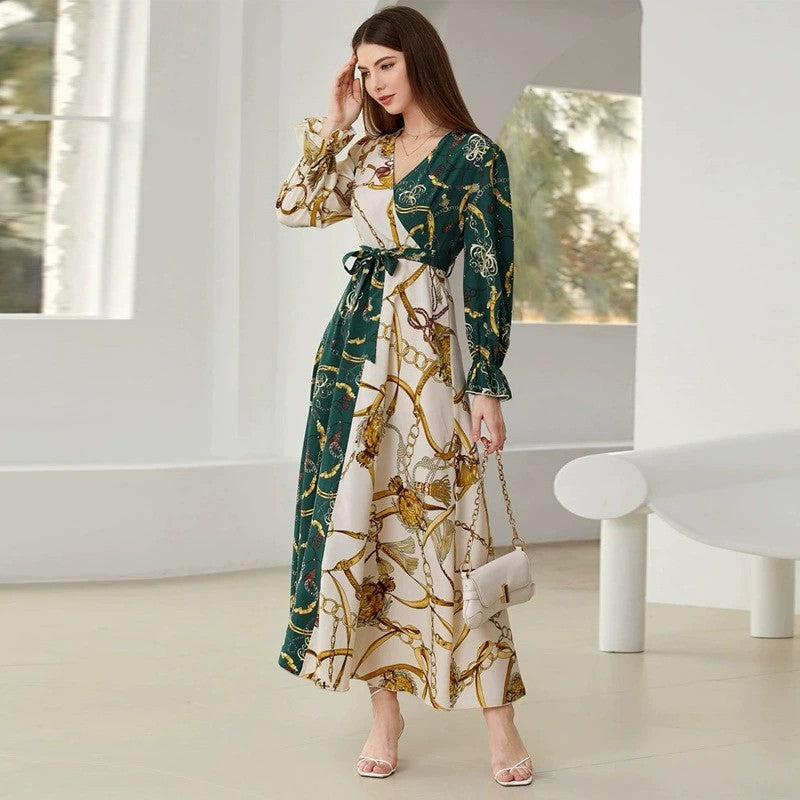 V Neck Long Sleeve Printed Maxi Dress