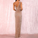 Sleeveless Gold Asymmetric Sequined Slit Party Dress