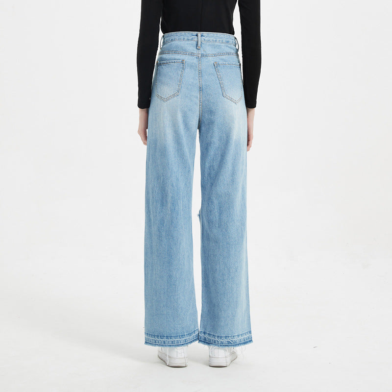 High Waist Wide Leg Denim Jeans With Hole