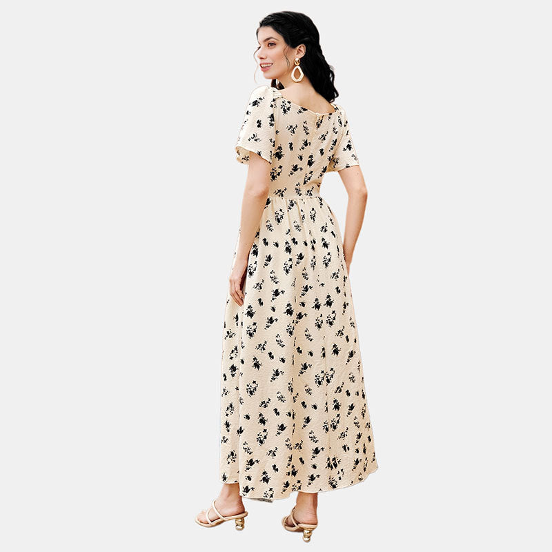 The Floral V-Neck Maxi Dress with Zipper and Short Sleeve