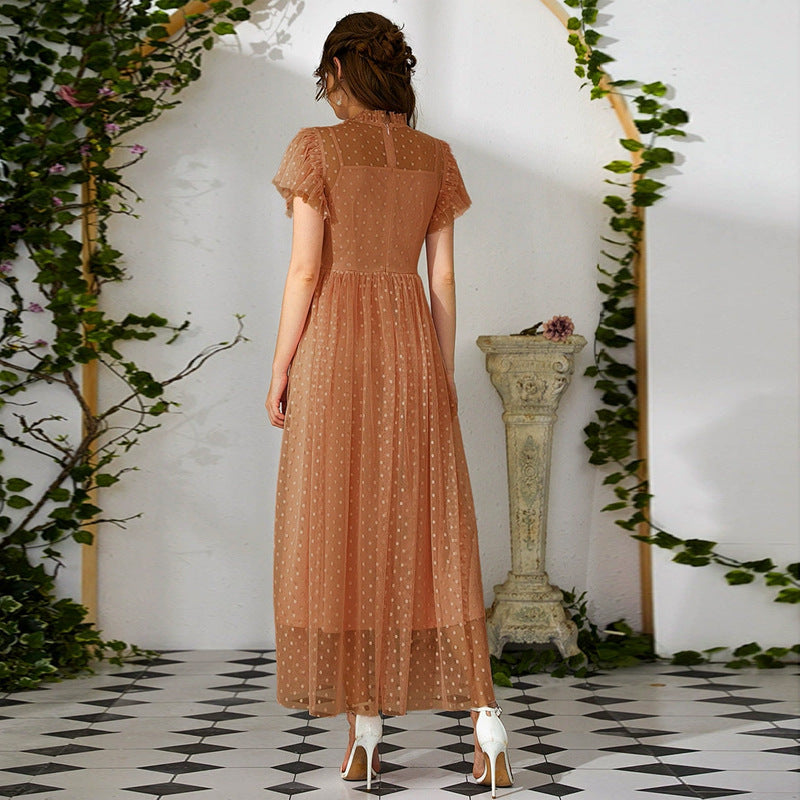 Casual Short Sleeve Stitching Mesh Maxi Dress