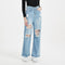 High Waist Wide Leg Denim Jeans With Hole