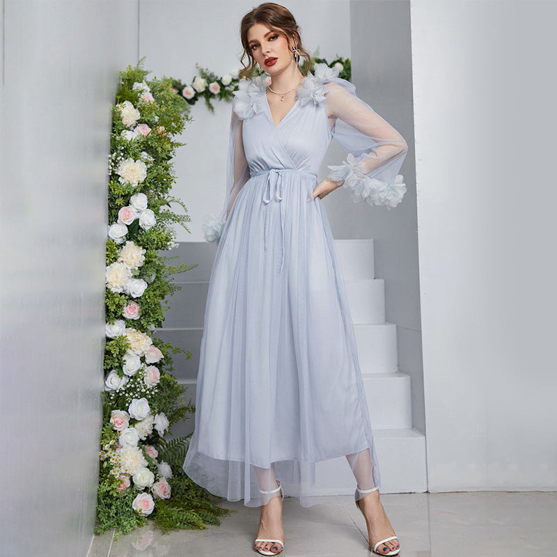 V Neck Long Sleeve High Waist Lace Maxi Dress