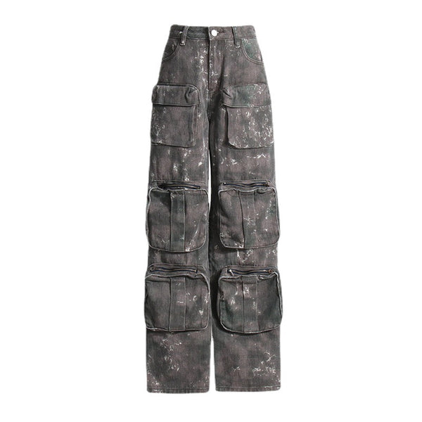 Retro Pocket Wide Leg Loose Slimming Workwear Jeans