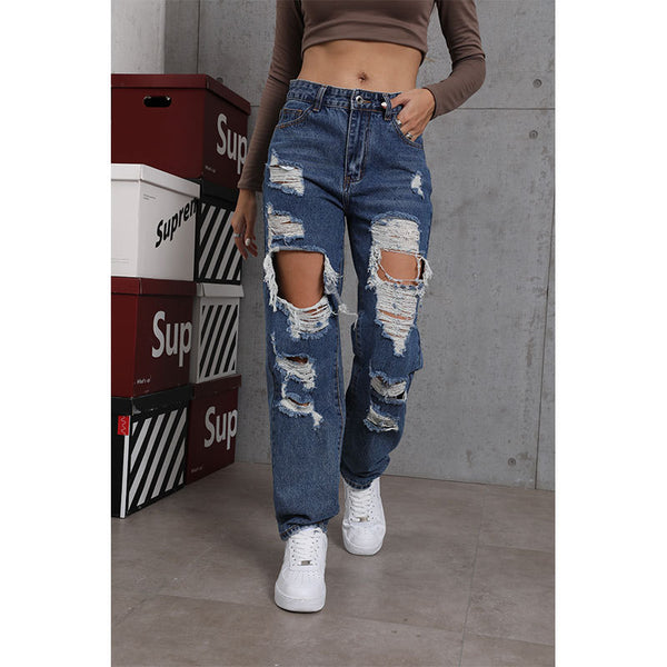 Street Straight Leg Ripped Slimming Jeans