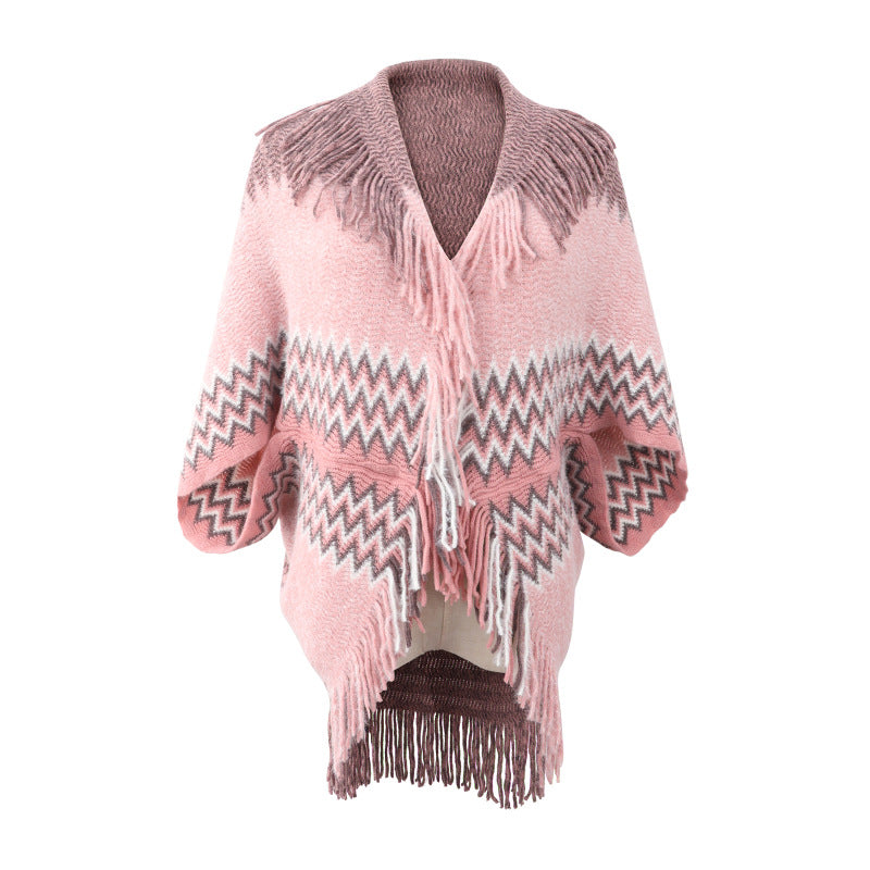 Knitted Cape and Shawl Tassel Sweater