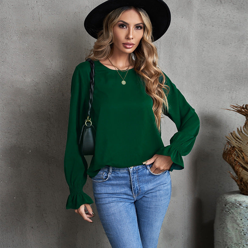Solid Color Long Sleeved Round Neck Pullover Top