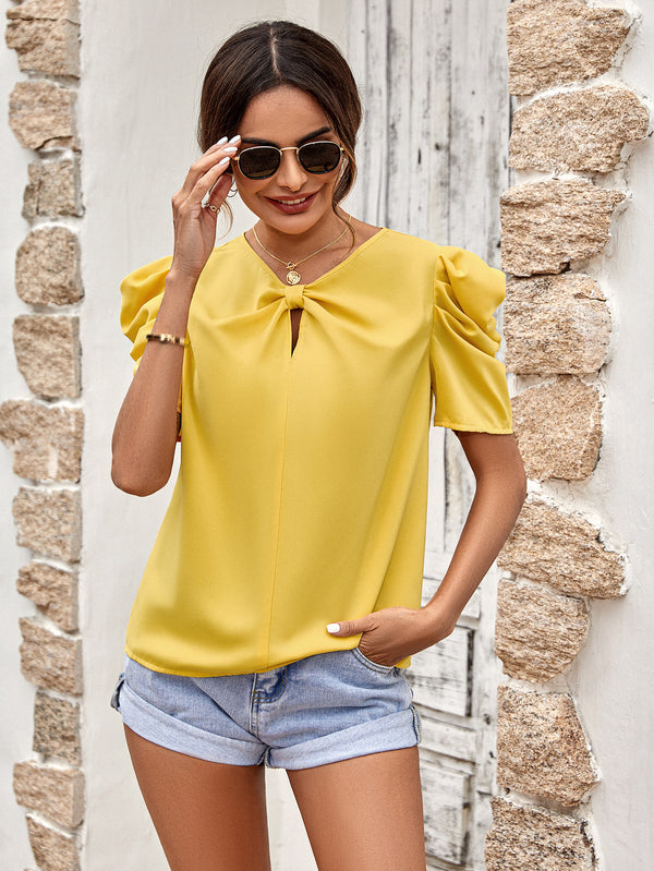 Solid Color Puff Sleeve V Neck Slim Top