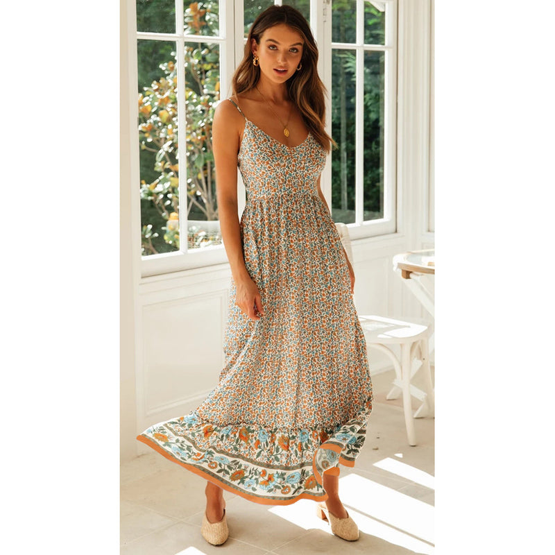 Dinazah Women Bohemian V-neck Rayon Floral Skirt