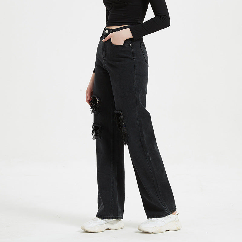 Black High Waist Ripped Straight Jeans