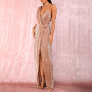 Sleeveless Gold Asymmetric Sequined Slit Party Dress