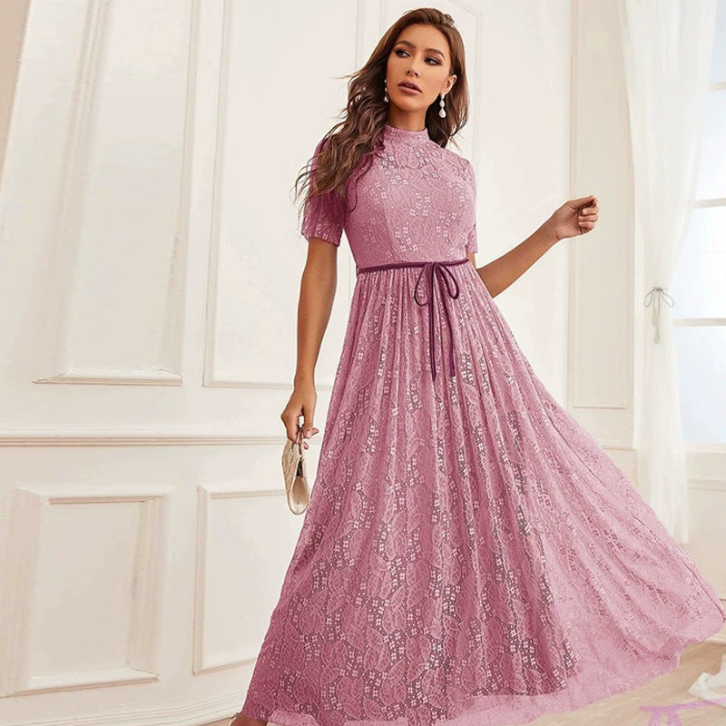 Round Neck Short Sleeve High Waist Maxi Dress